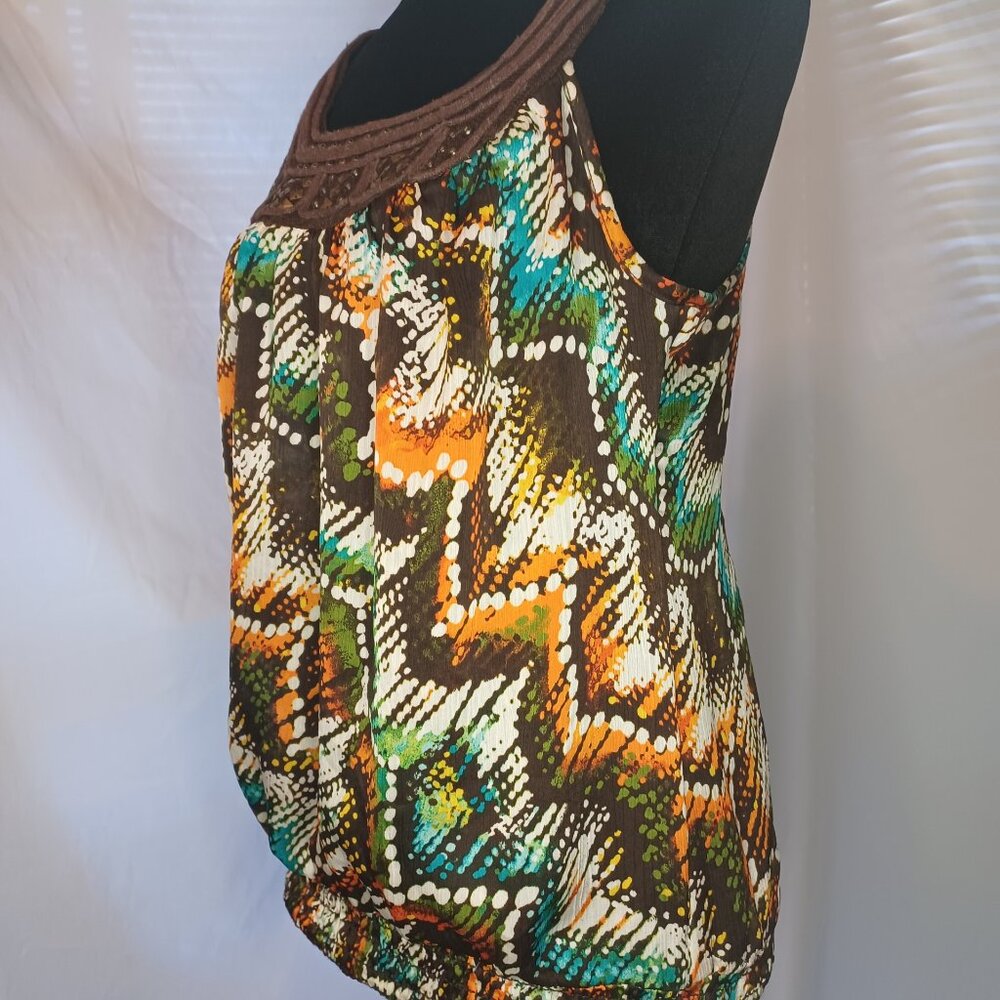 Y2K Heart Soul Multicolor Geometric Print Beaded Trim Top - Picture 3 of 7